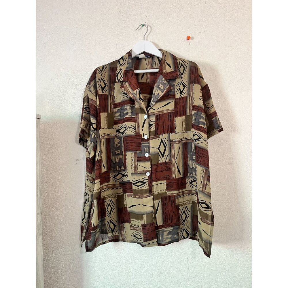 Vintage Ship N Shore Womens Geometric Button-Up Shirt 2X Brown USA Made Casual